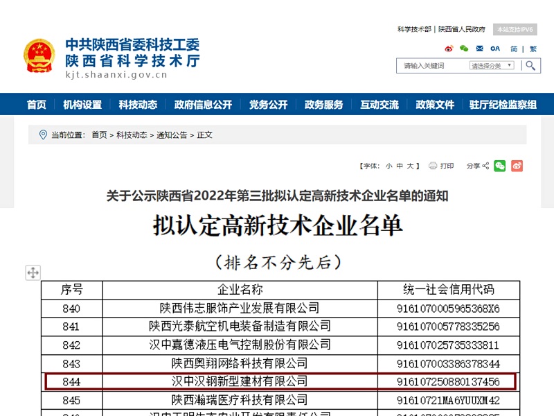 漢中公司入選陜西省2022年第三批擬認(rèn)定高新技術(shù)企業(yè)名單