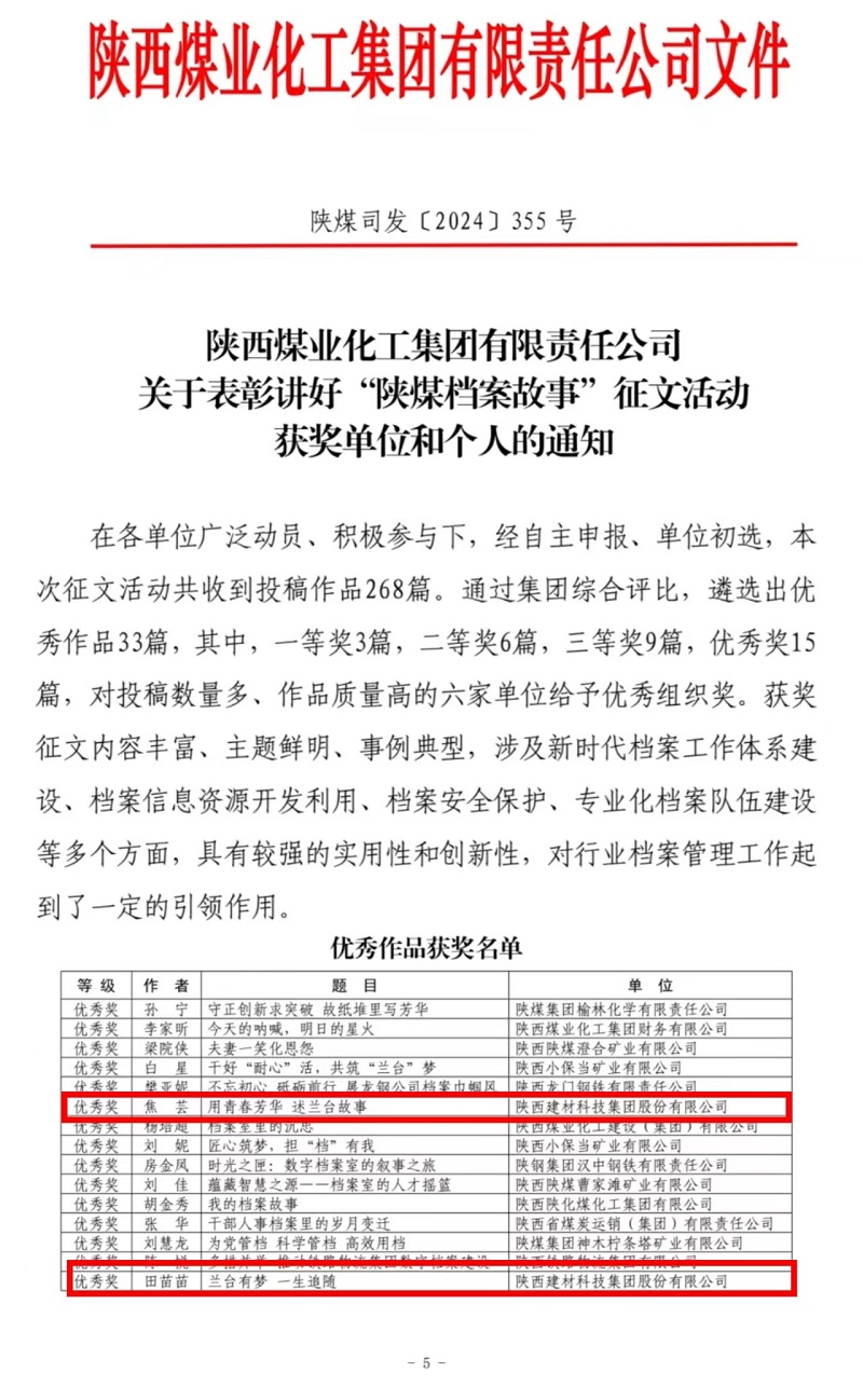 喜報！陜西建材科技檔案故事獲獎了